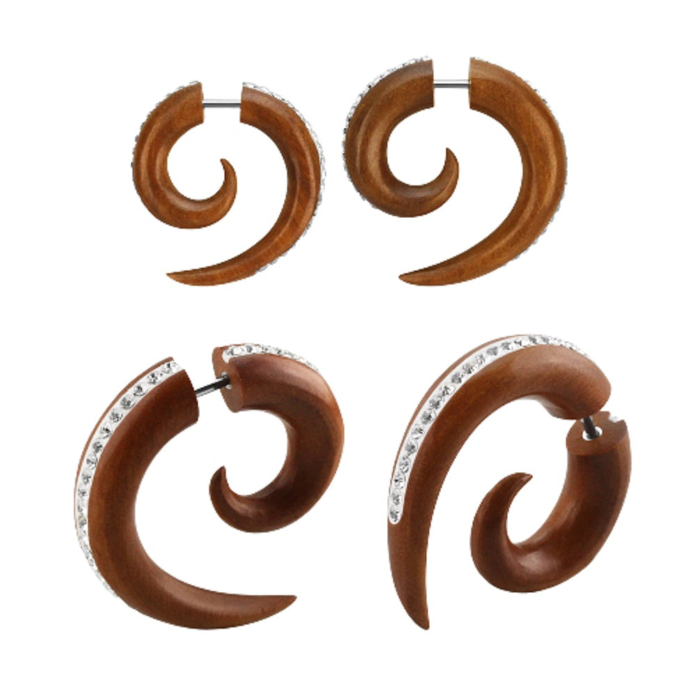 Crystal Lined Organic Sawo Wood Fake Spiral Taper Plug Earrings - Pair