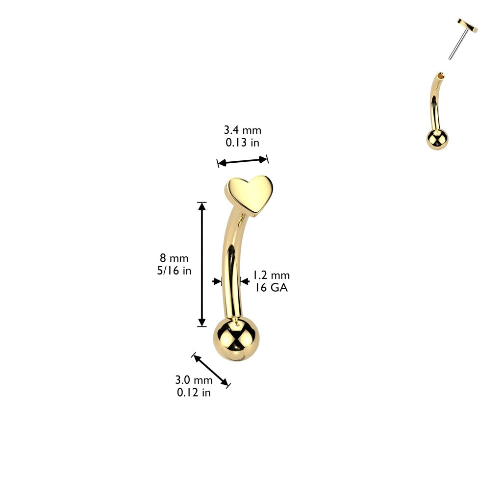 Threadless Push-In Heart Top Eyebrow Curved Barbell - ASTM F-136 Implant Grade Titanium