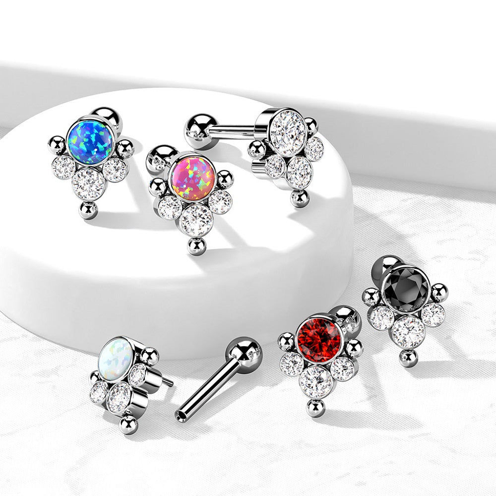 Synthetic Opal with CZ Crystal Ball Cluster Threadless Push-in Barbell
- G23 Implant Grade Titanium