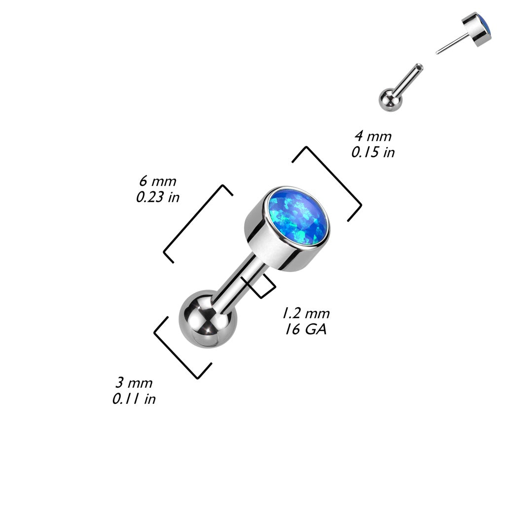 Threadless Push-In Bezel Set Synthetic Opal Barbell Stud - ASTM F-136 Implant Grade Titanium