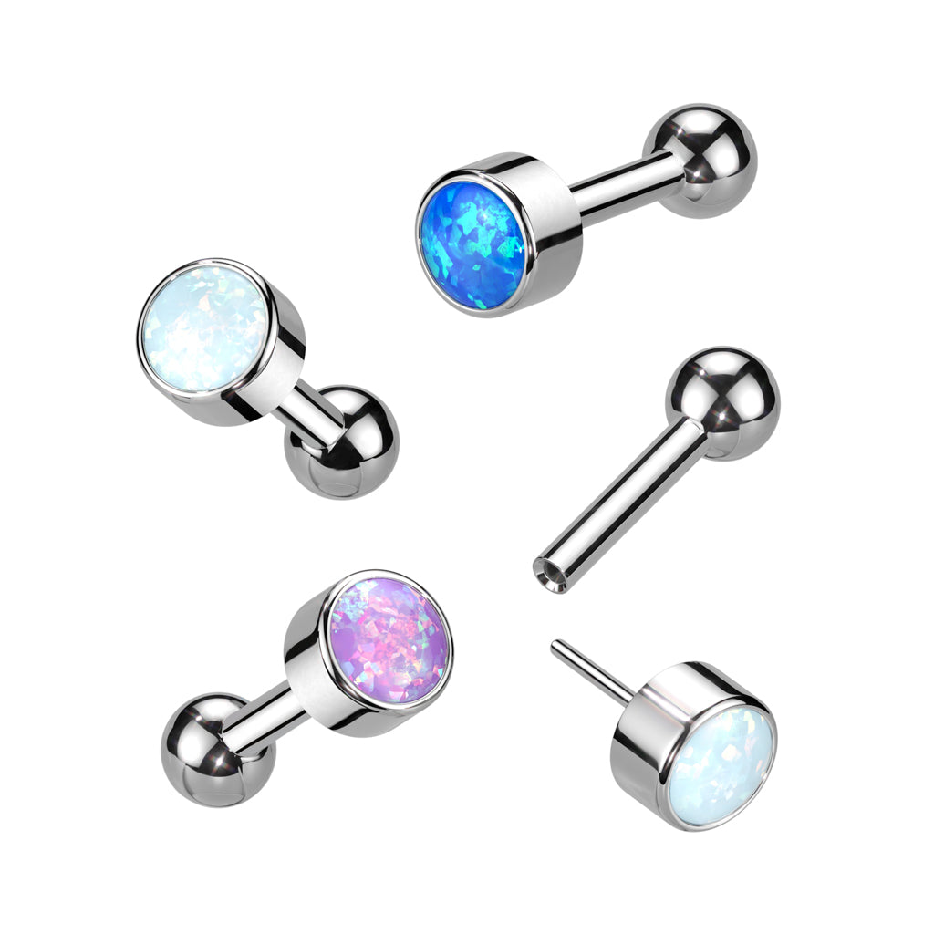 Threadless Push-In Bezel Set Synthetic Opal Barbell Stud - ASTM F-136 Implant Grade Titanium