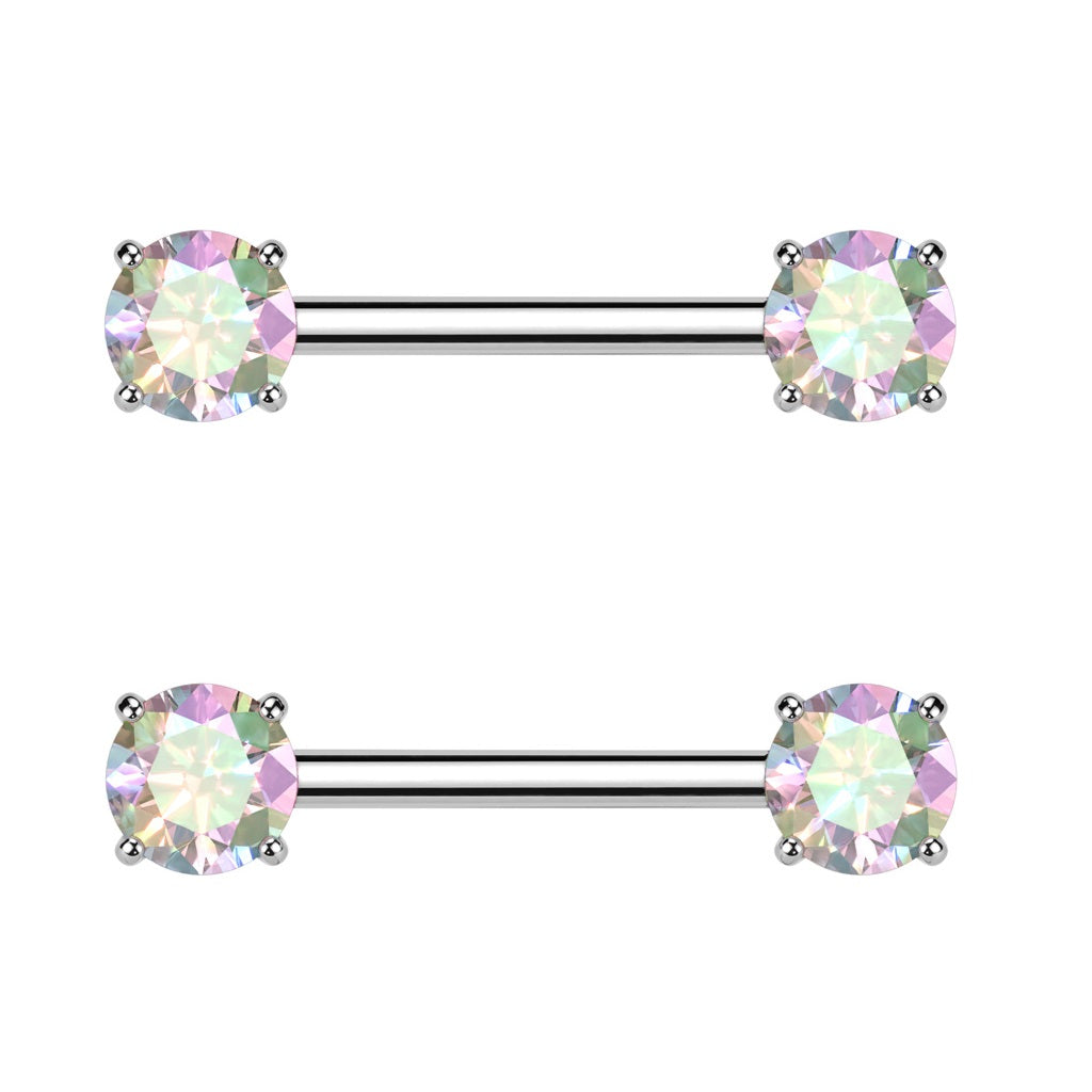 Threadless Push-In Prong Set CZ Crystal Ends Nipple Barbells - Pair - ASTM F-136 Implant Grade Titanium