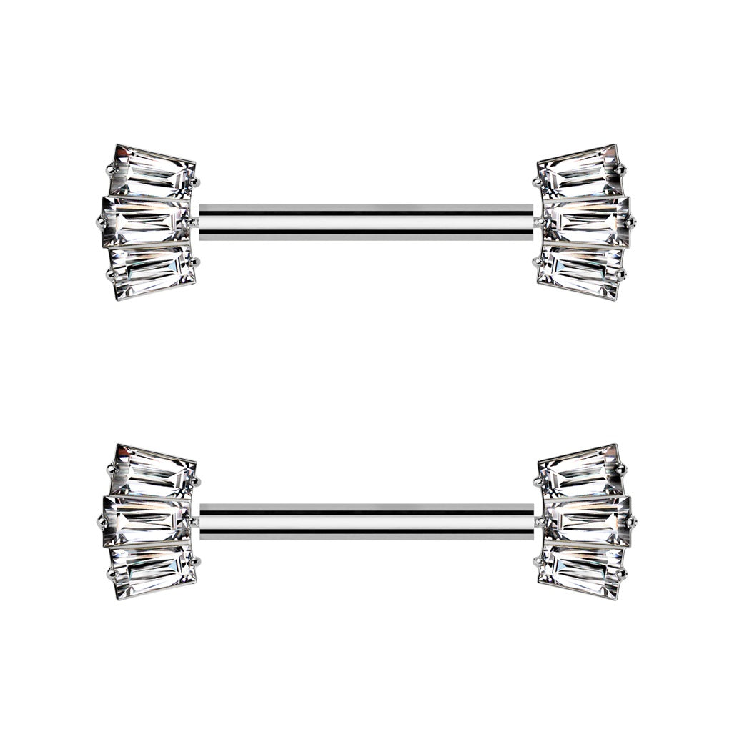 Threadless Push-In Triple CZ Crystal Baguette Fan Ends Nipple Barbells - Pair - ASTM F-136 Implant Grade Titanium