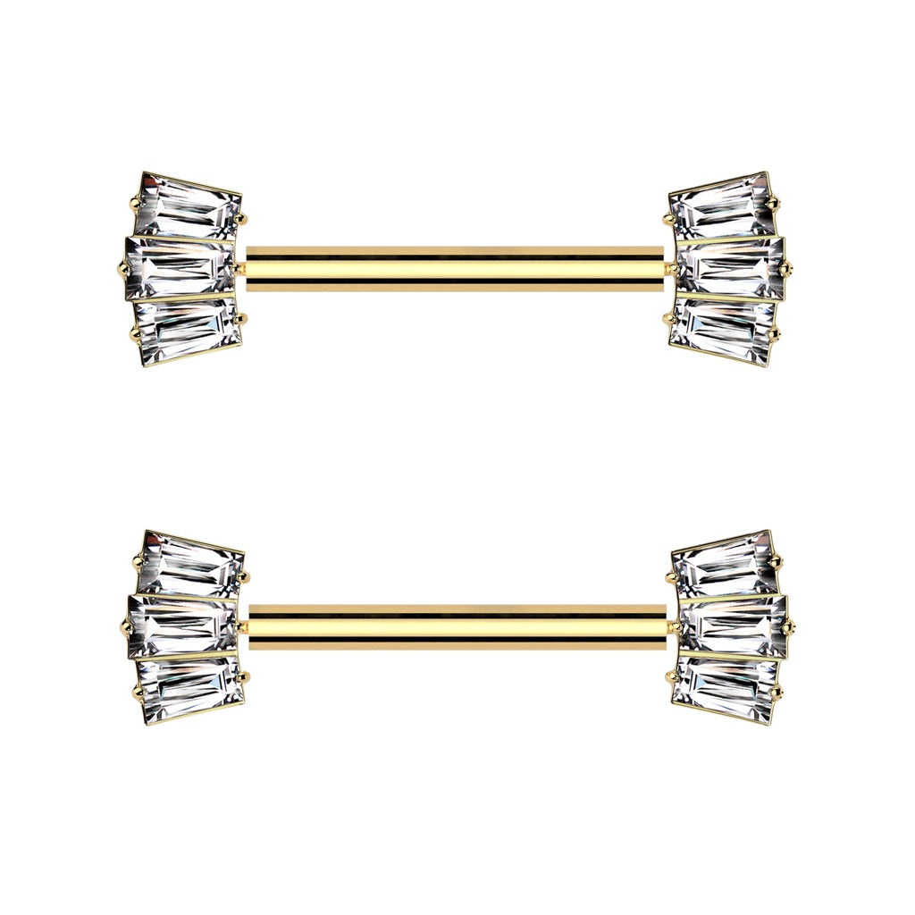 Threadless Push-In Triple CZ Crystal Baguette Fan Ends Nipple Barbells - Pair - ASTM F-136 Implant Grade Titanium