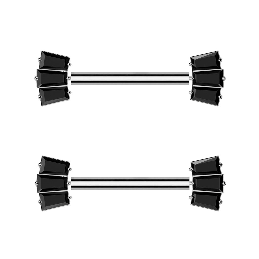 Threadless Push-In Triple CZ Crystal Baguette Fan Ends Nipple Barbells - Pair - ASTM F-136 Implant Grade Titanium