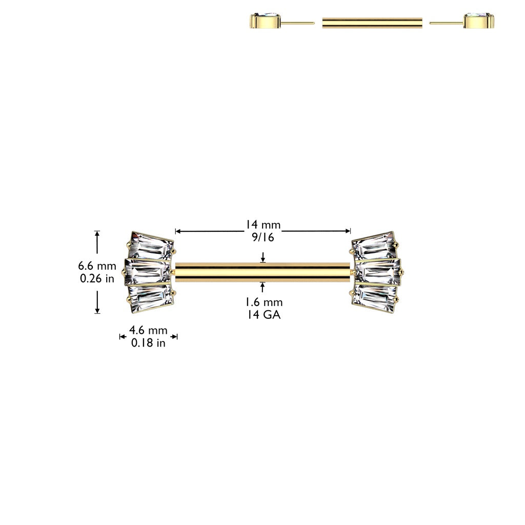 Threadless Push-In Triple CZ Crystal Baguette Fan Ends Nipple Barbells - Pair - ASTM F-136 Implant Grade Titanium