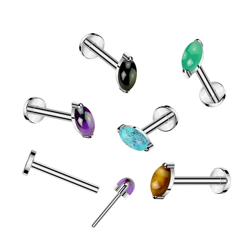 Threadless Push-In Marquise Shaped Natural Stone Flat Back Stud - ASTM F-136 Implant Grade Titanium