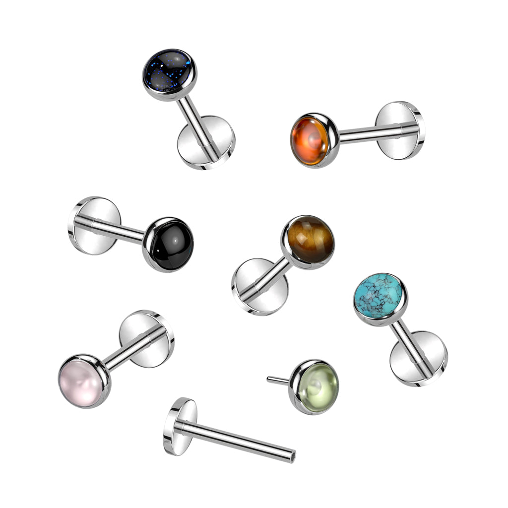 Threadless Push-In Bezel Set Natural Stone Flat Back Stud - ASTM F-136 Implant Grade Titanium