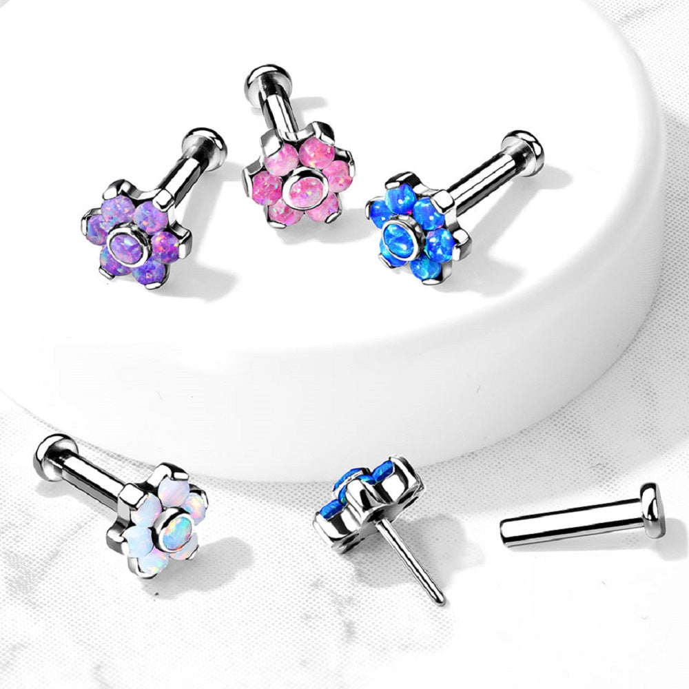 Threadless Push-in Synthetic Opal Flower Top Labret Stud - G23 Implant Grade Titanium