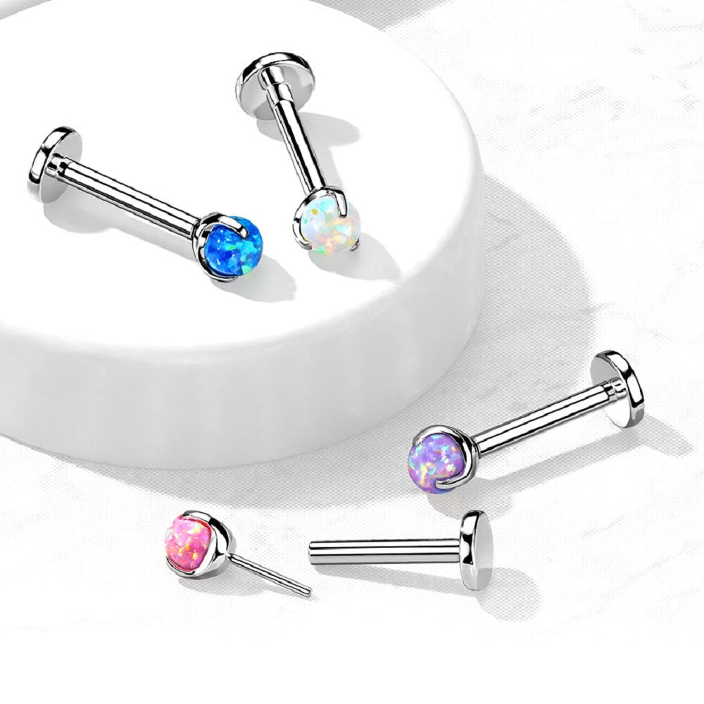 Threadless Push-in Claw Set Synthetic Opal Ball Top Flat Back Labret Monroe Lip Cartilage Helix Tragus Conch Ear Lobe Barbell Stud - G23 Implant Grade Titanium