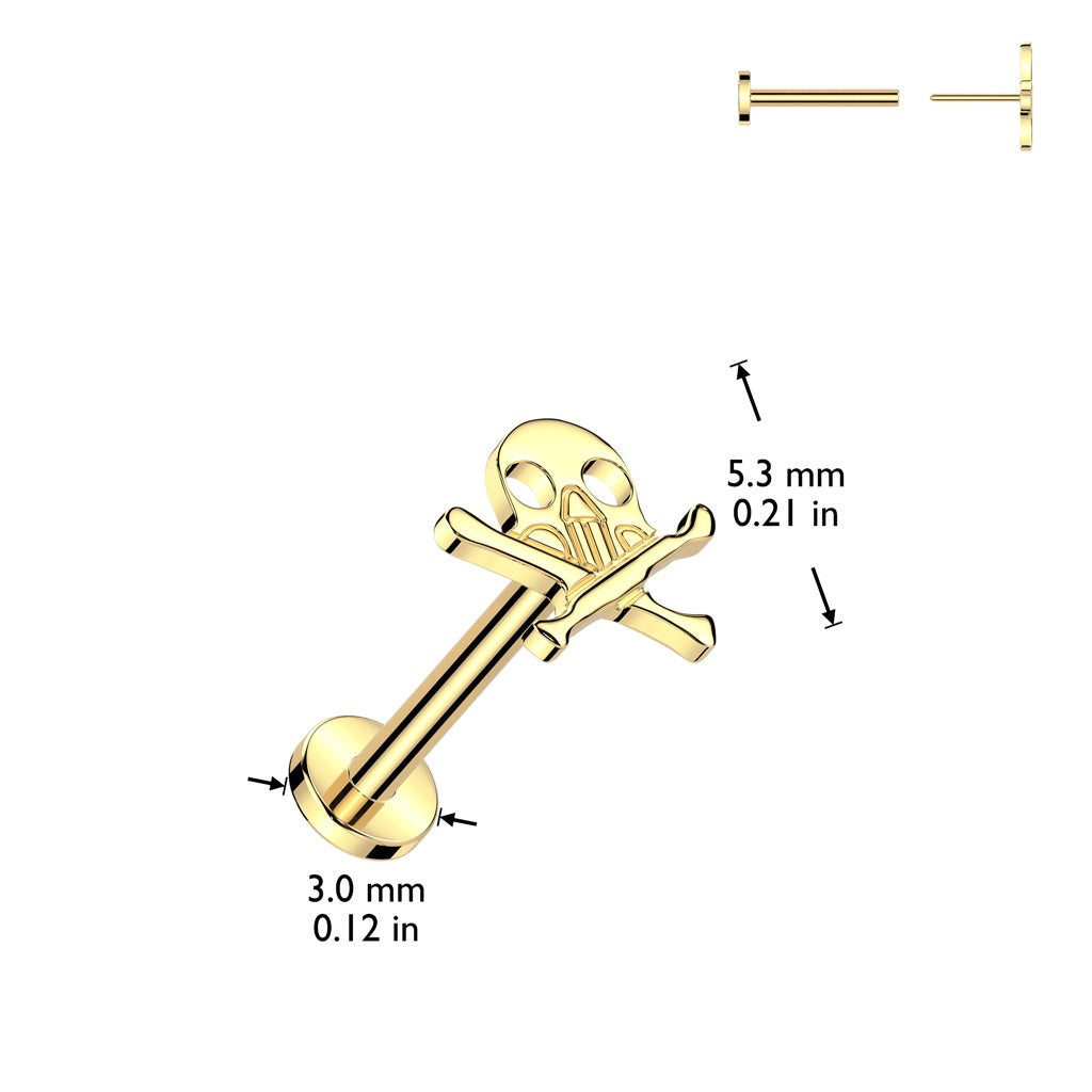Threadless Push-In Skull and Crossbones Flat Back Stud - ASTM F-136 Implant Grade Titanium