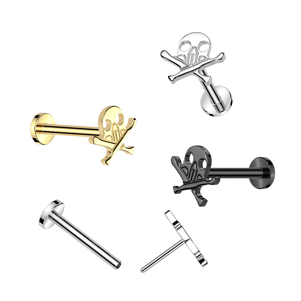 Threadless Push-In Skull and Crossbones Flat Back Stud - ASTM F-136 Implant Grade Titanium