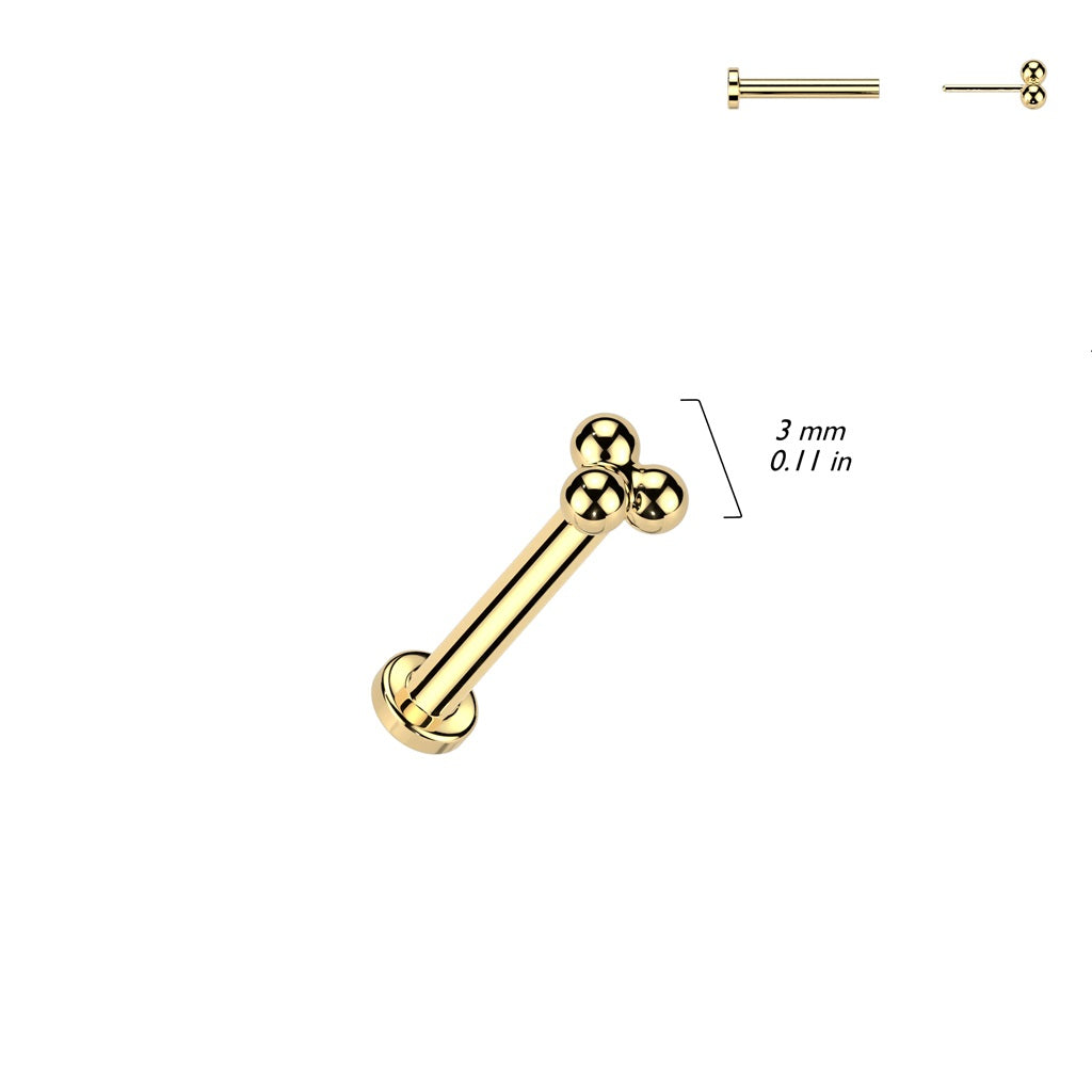 Threadless Push-In Triple Ball Cluster Flat Back Stud - Gold PVD ASTM F-136 Implant Grade Titanium