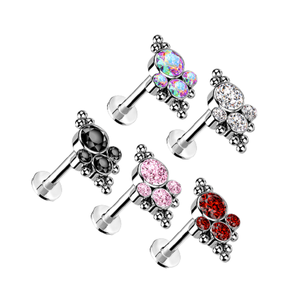CZ Crystals with Ball Clusters Threadless Push In Labret Stud - F136 Implant Grade Titanium