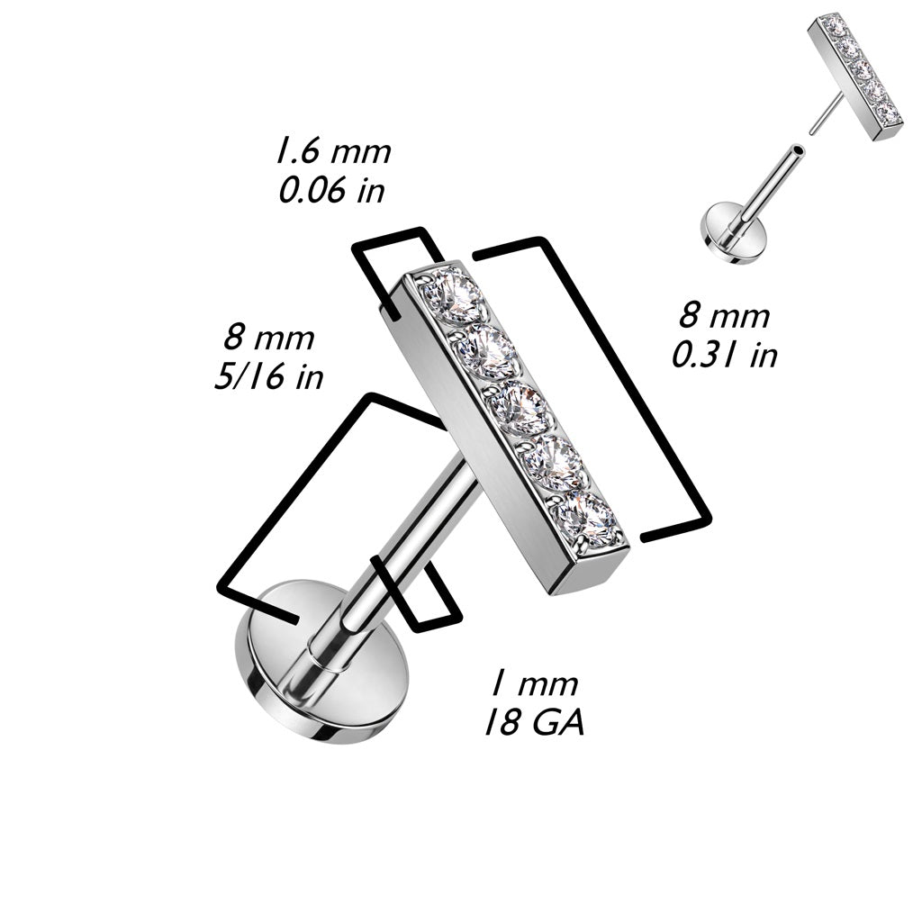 Threadless Push In CZ Crystal Lined Straight Bar Top Flat Back Stud - F136 Implant Grade Titanium