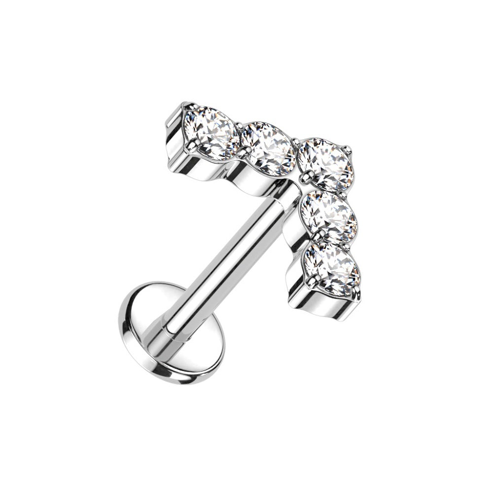 Threadless Push-in CZ Crystal Lined Chevron Shaped Flat Back Stud - ASTM F-136 Implant Grade Titanium