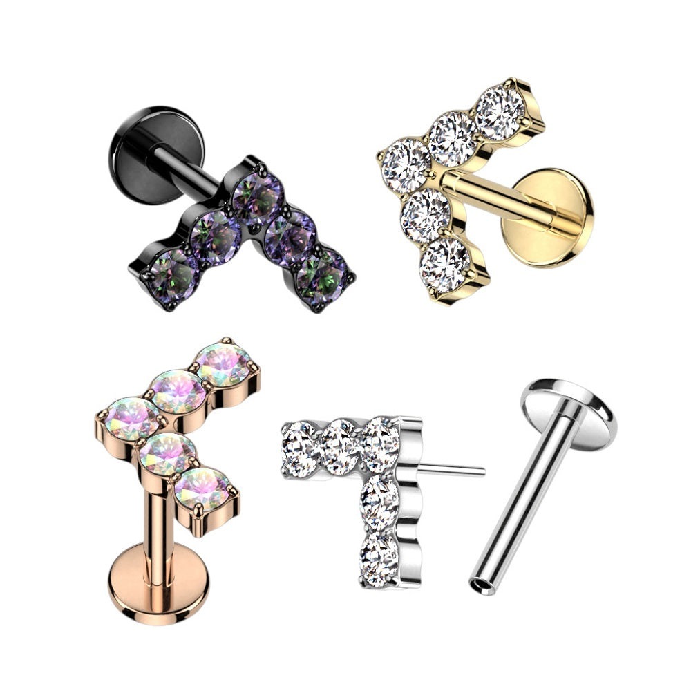 Threadless Push-in CZ Crystal Lined Chevron Shaped Flat Back Stud - ASTM F-136 Implant Grade Titanium