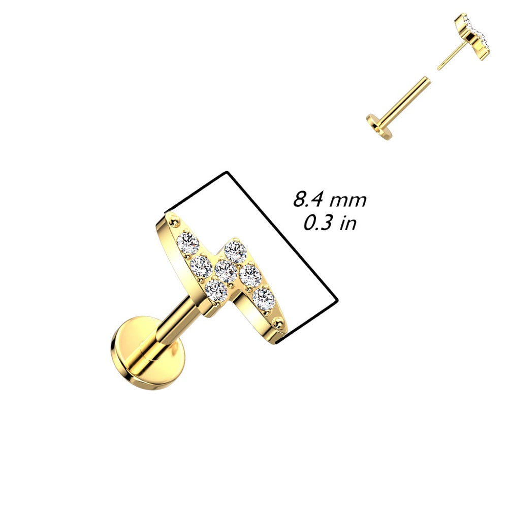 CZ Crystal Lightning Bolt Threadless Push-in Stud - G23 Implant Grade Titanium