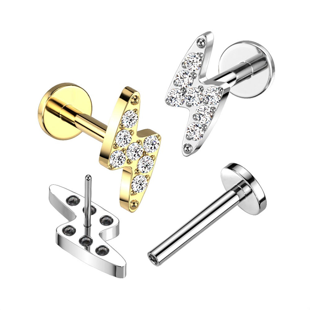 CZ Crystal Lightning Bolt Threadless Push-in Stud - G23 Implant Grade Titanium