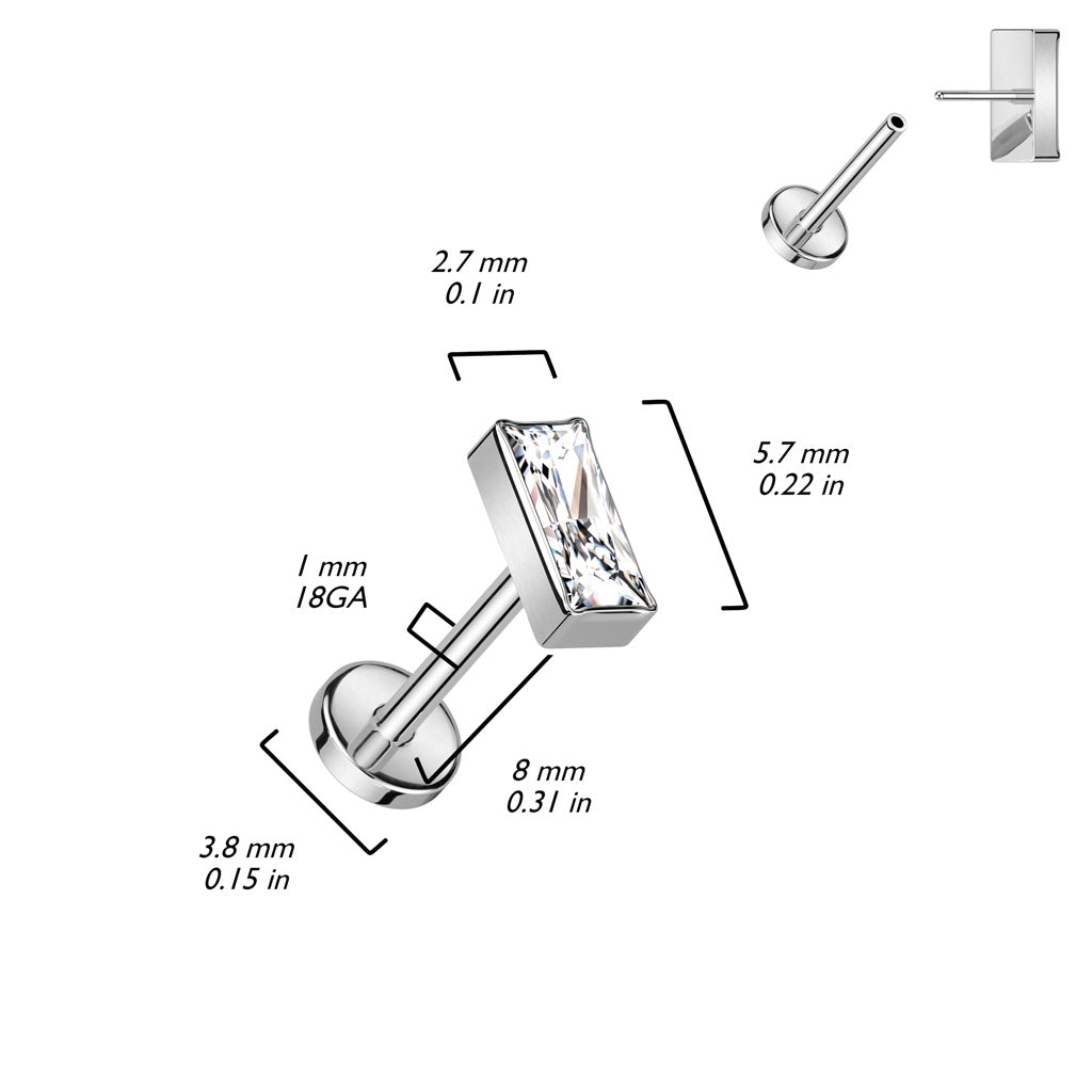 Rectangular CZ Crystal Top Threadless Push-In Labret Stud - F136 Implant Grade Titanium