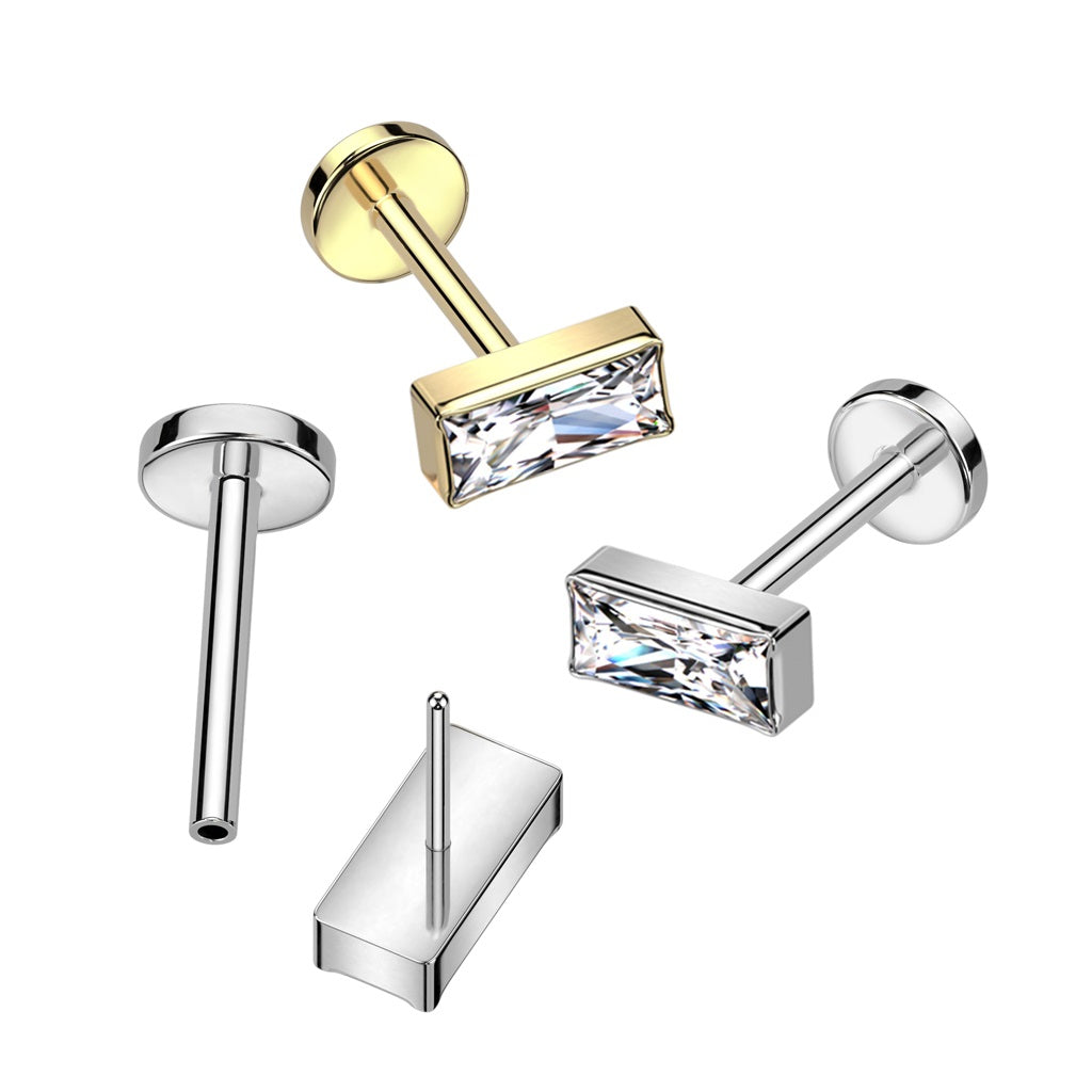 Rectangular CZ Crystal Top Threadless Push-In Labret Stud - F136 Implant Grade Titanium