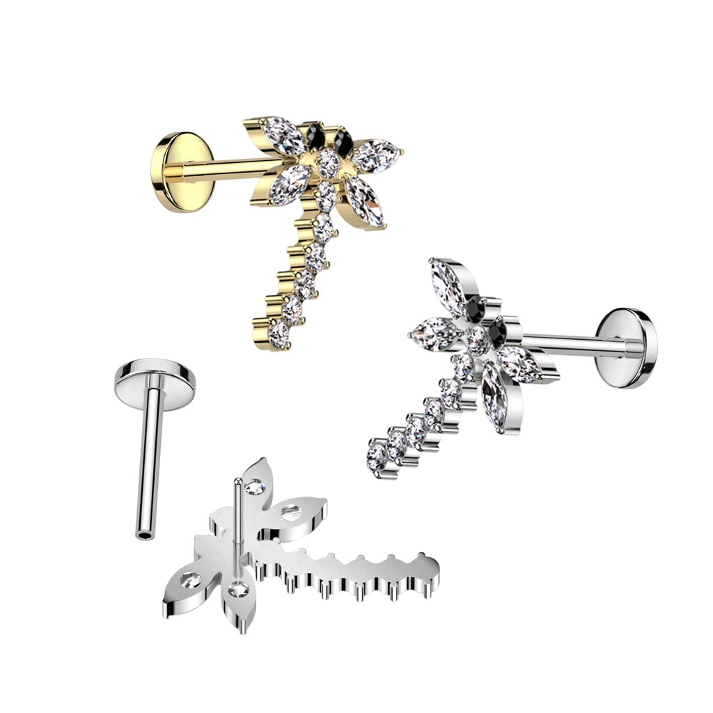 CZ Crystal Dragonfly Top Threadless Push-In Labret Stud - F136 Implant Grade Titanium