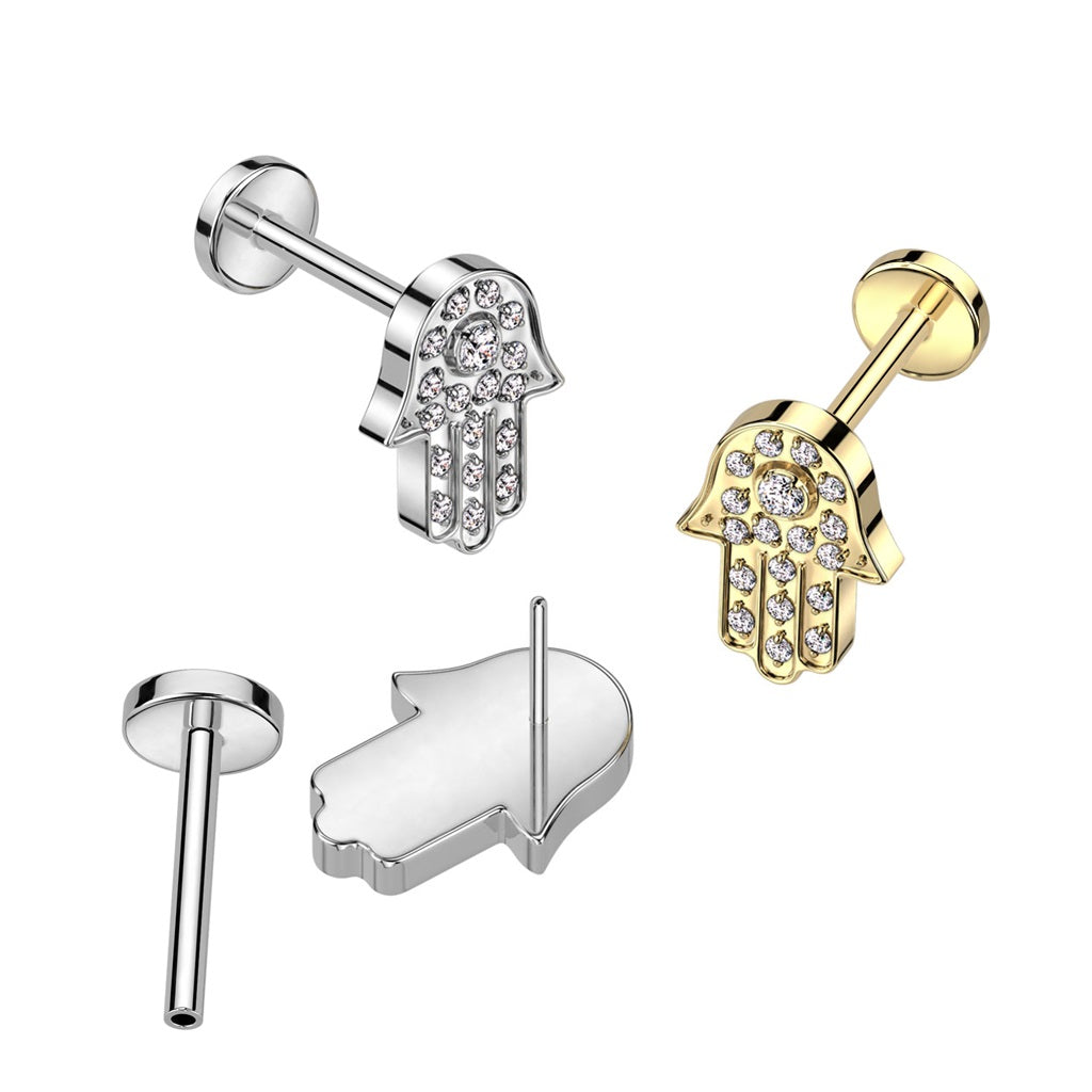 CZ Crystal Paved Hamsa Hand Threadless Push-In Labret Stud - F136 Implant Grade Titanium