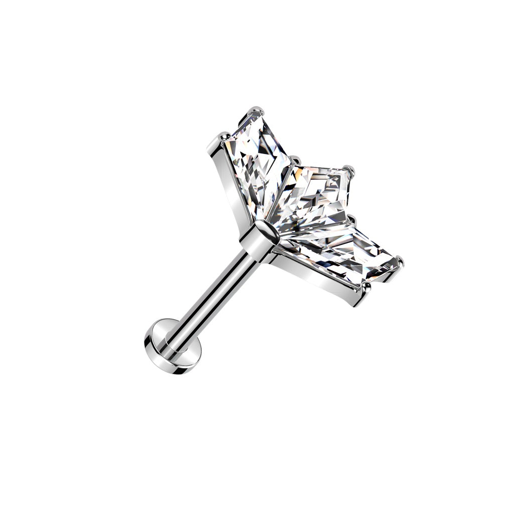 Threadless Push-In CZ Crystal Fan Top Flat Back Stud - ASTM F-136 Implant Grade Titanium