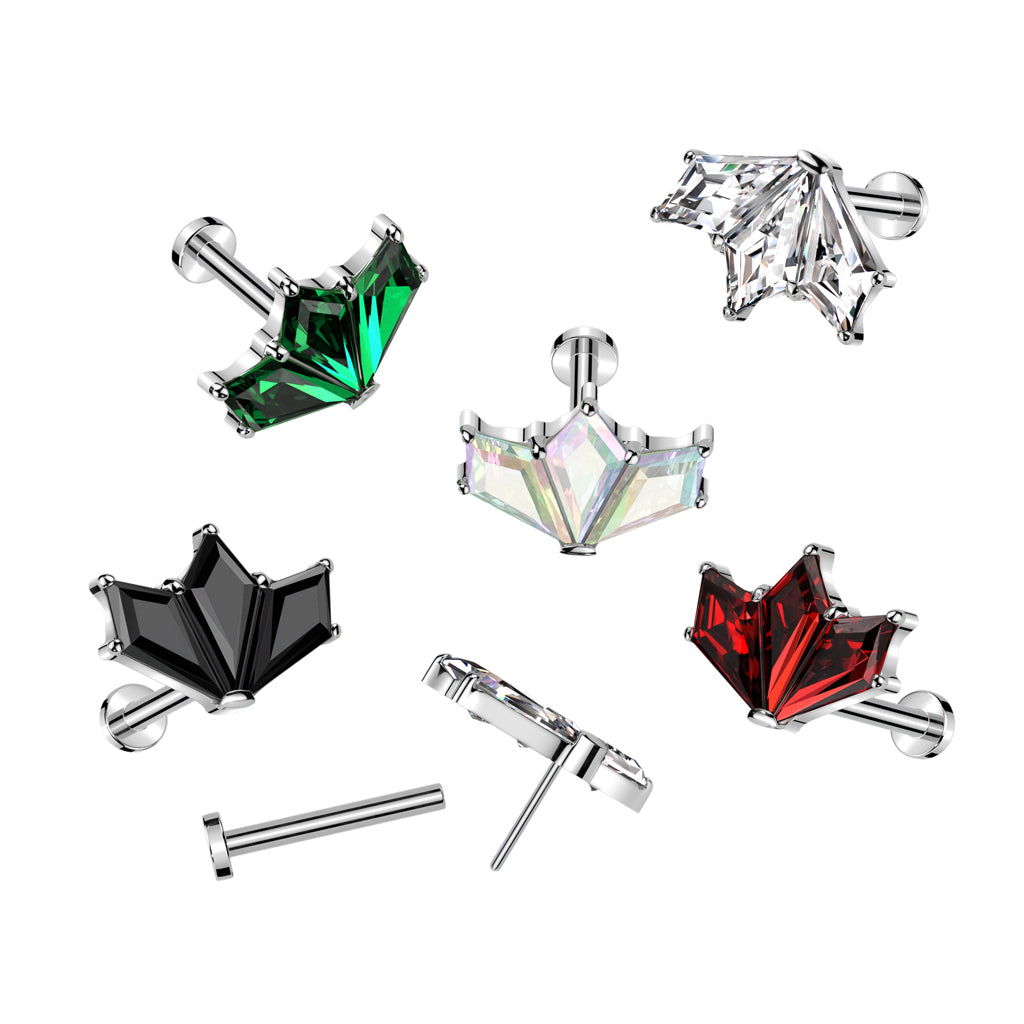 Threadless Push-In CZ Crystal Fan Top Flat Back Stud - ASTM F-136 Implant Grade Titanium
