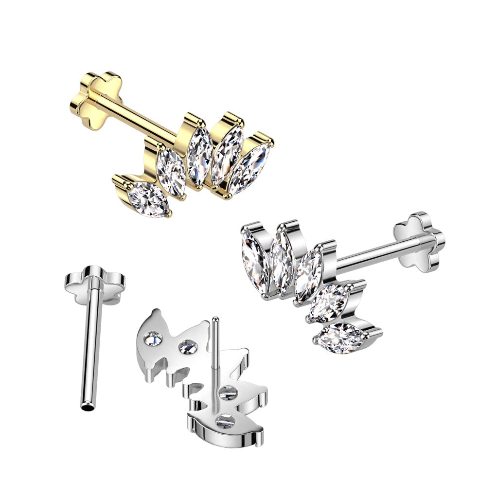 Multi CZ Crystal Marquise Fan Threadless Push-In Flower Base Labret Stud - F136 Implant Grade Titanium