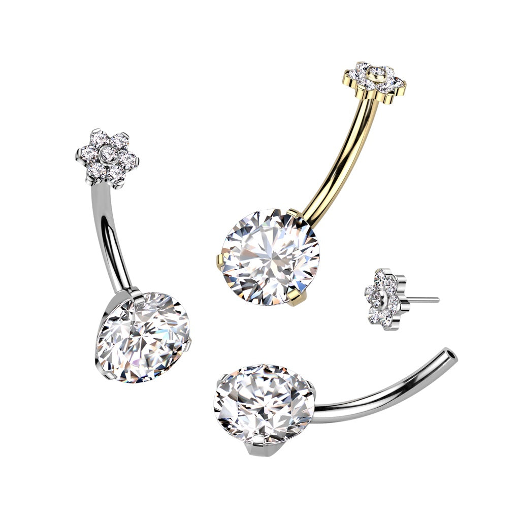 Threadless Push In Prong Set CZ Crystal with Flower Top Belly Button Ring - F136 Implant Grade Titanium