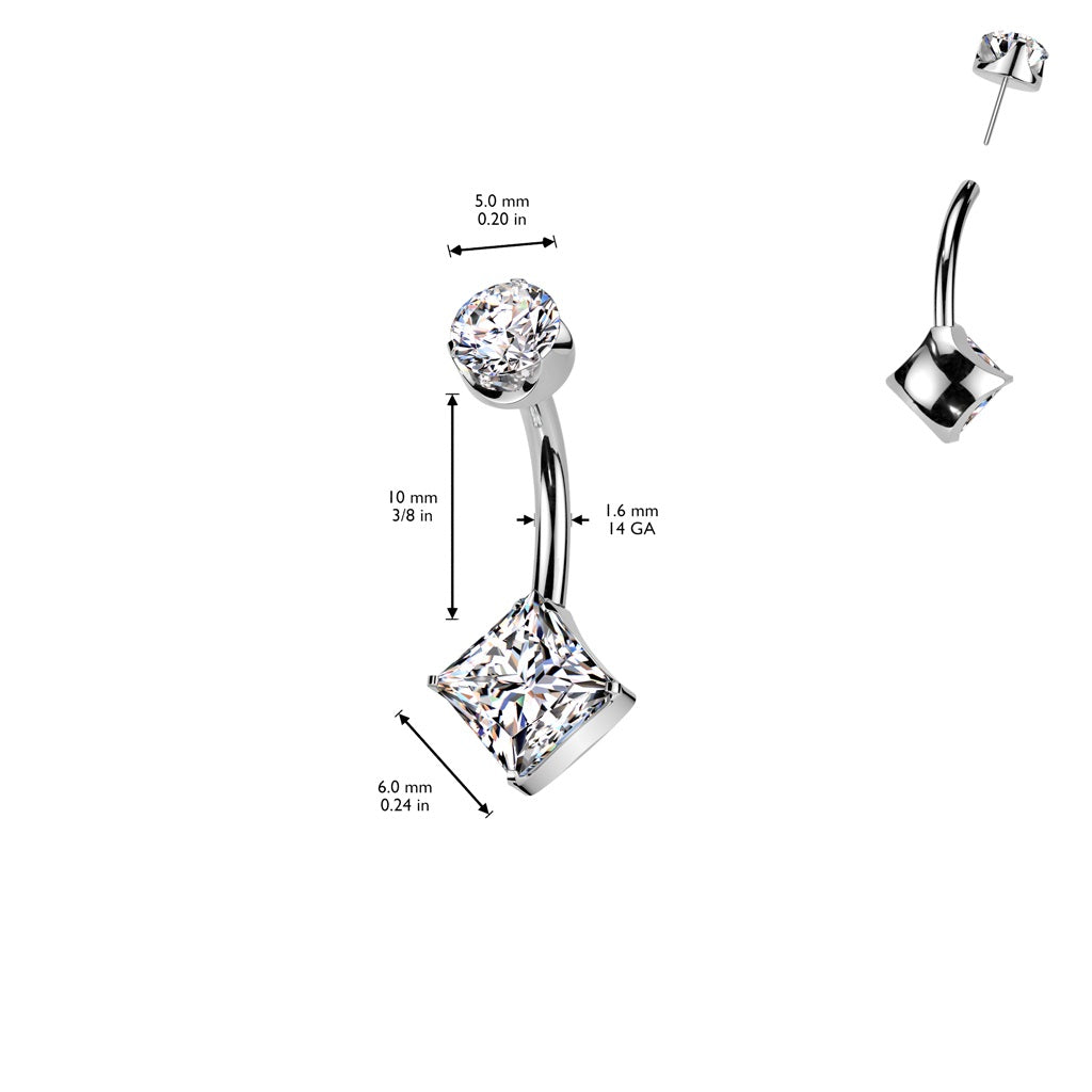 Threadless Push-In Diamond Shaped CZ Crystal Belly Button Ring - ASTM F-136 Implant Grade Titanium