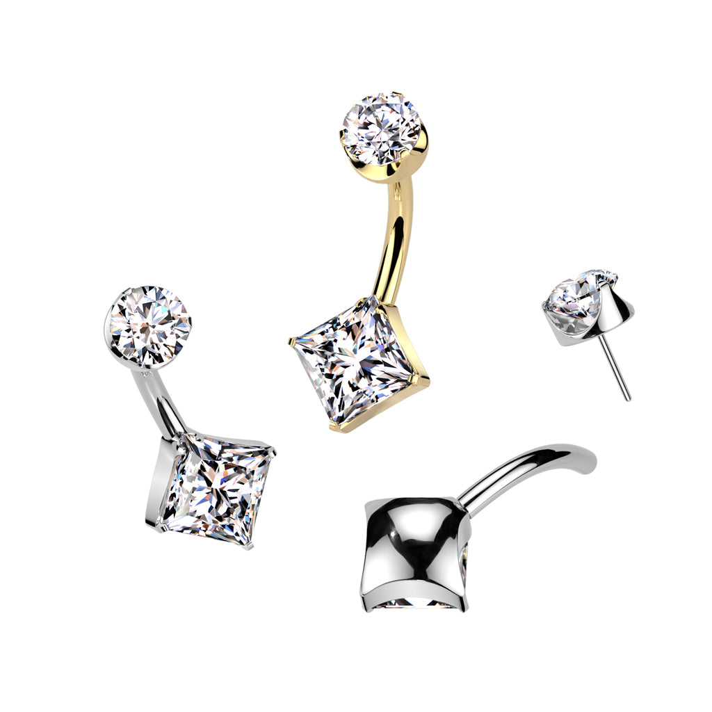 Threadless Push-In Diamond Shaped CZ Crystal Belly Button Ring - ASTM F-136 Implant Grade Titanium