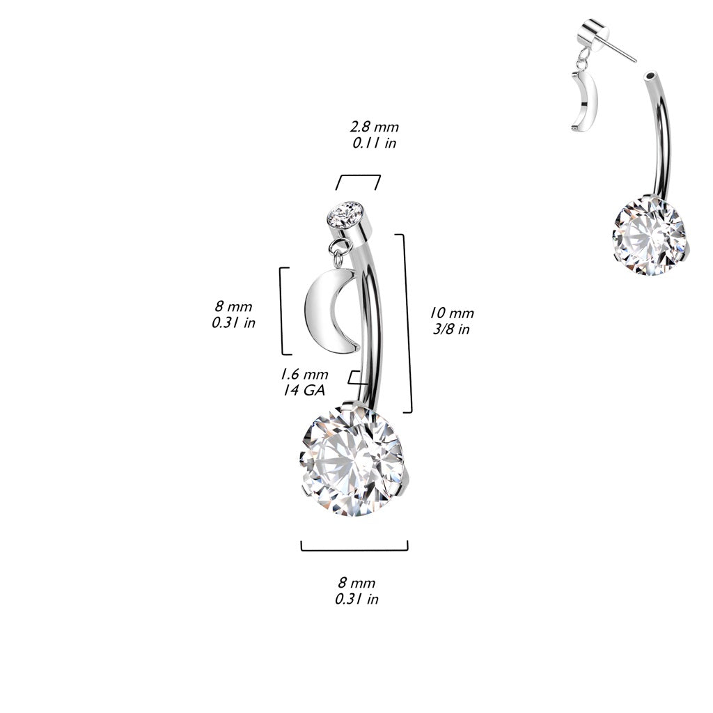 Threadless Push-In CZ Crystal with Dangling Crescent Moon Belly Button Ring - ASTM F-136 Implant Grade Titanium