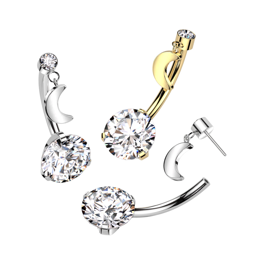 Threadless Push-In CZ Crystal with Dangling Crescent Moon Belly Button Ring - ASTM F-136 Implant Grade Titanium