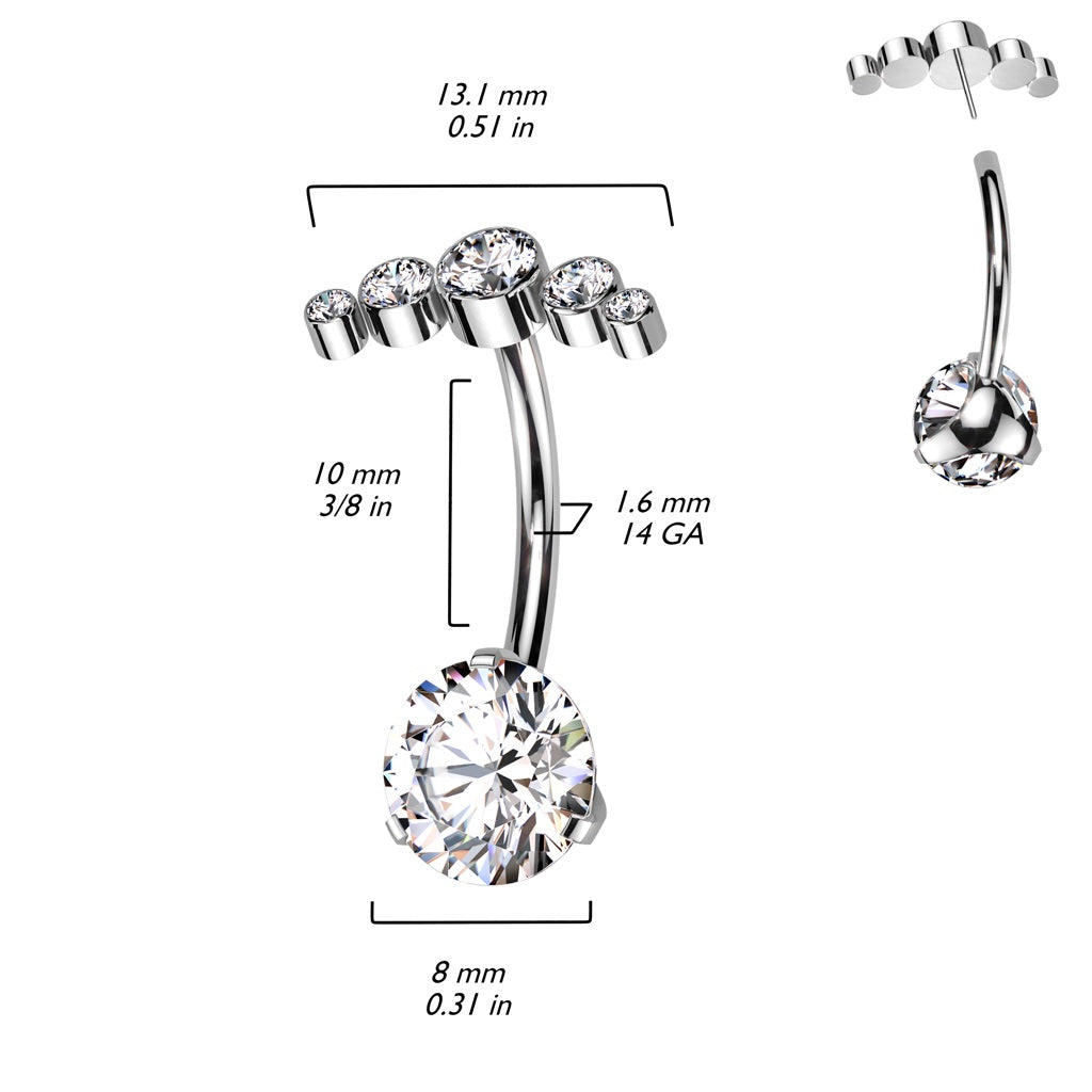 Threadless Push-In CZ Crystal Curved Top Belly Button Ring - ASTM F-136 Implant Grade Titanium