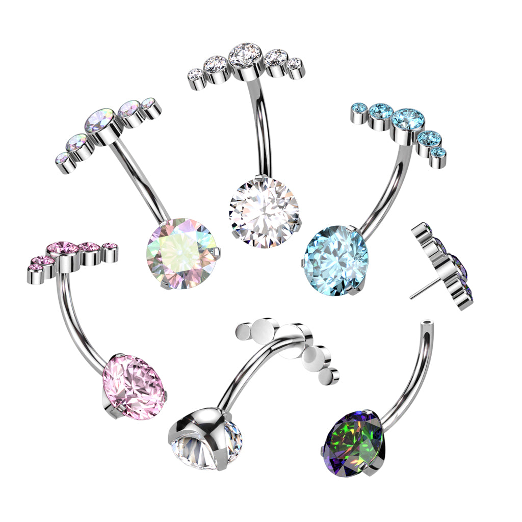 Threadless Push-In CZ Crystal Curved Top Belly Button Ring - ASTM F-136 Implant Grade Titanium