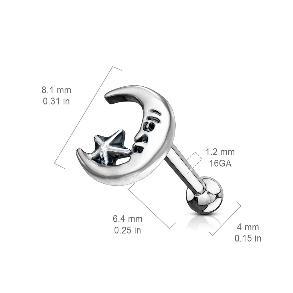 Crescent Moon and Star Antique Silver Plated Ear Cartilage Stud - Stainless Steel