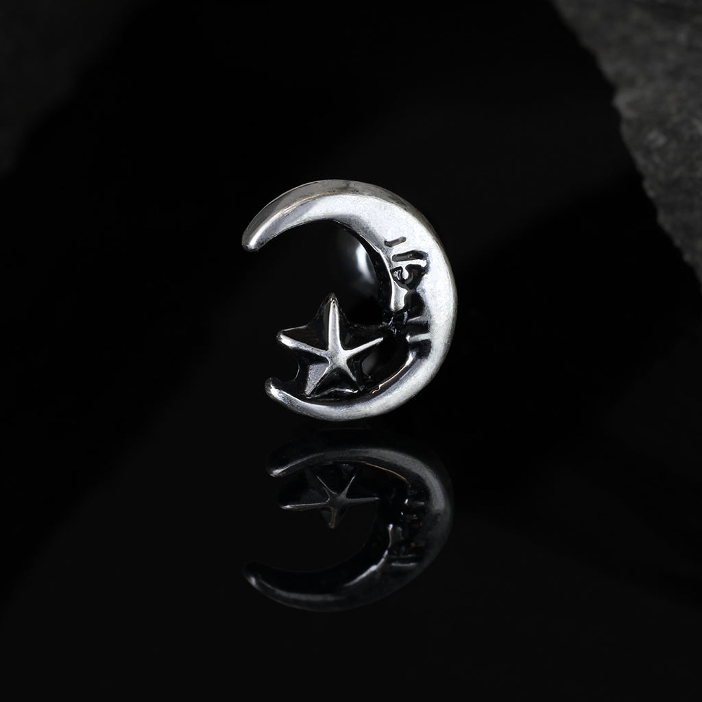 Crescent Moon and Star Antique Silver Plated Ear Cartilage Stud - Stainless Steel