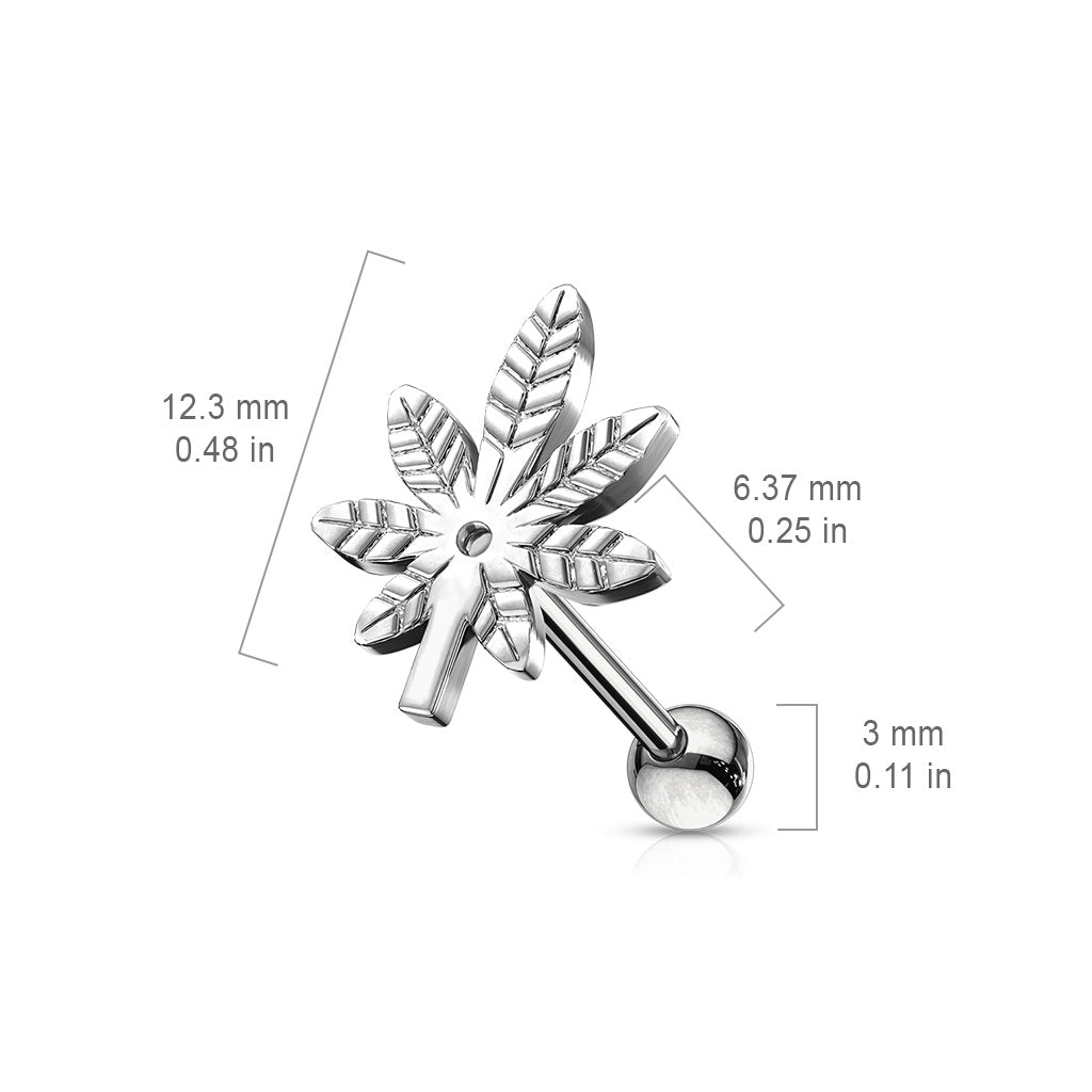 Marijuana Pot Leaf Tragus Cartilage Barbell Stud - 316L Stainless Steel