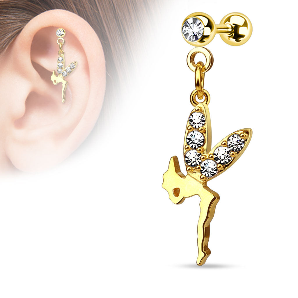 Gold Tone Fairy with CZ Wings Dangle Cartilage Barbell Stud - 316L Stainless Steel