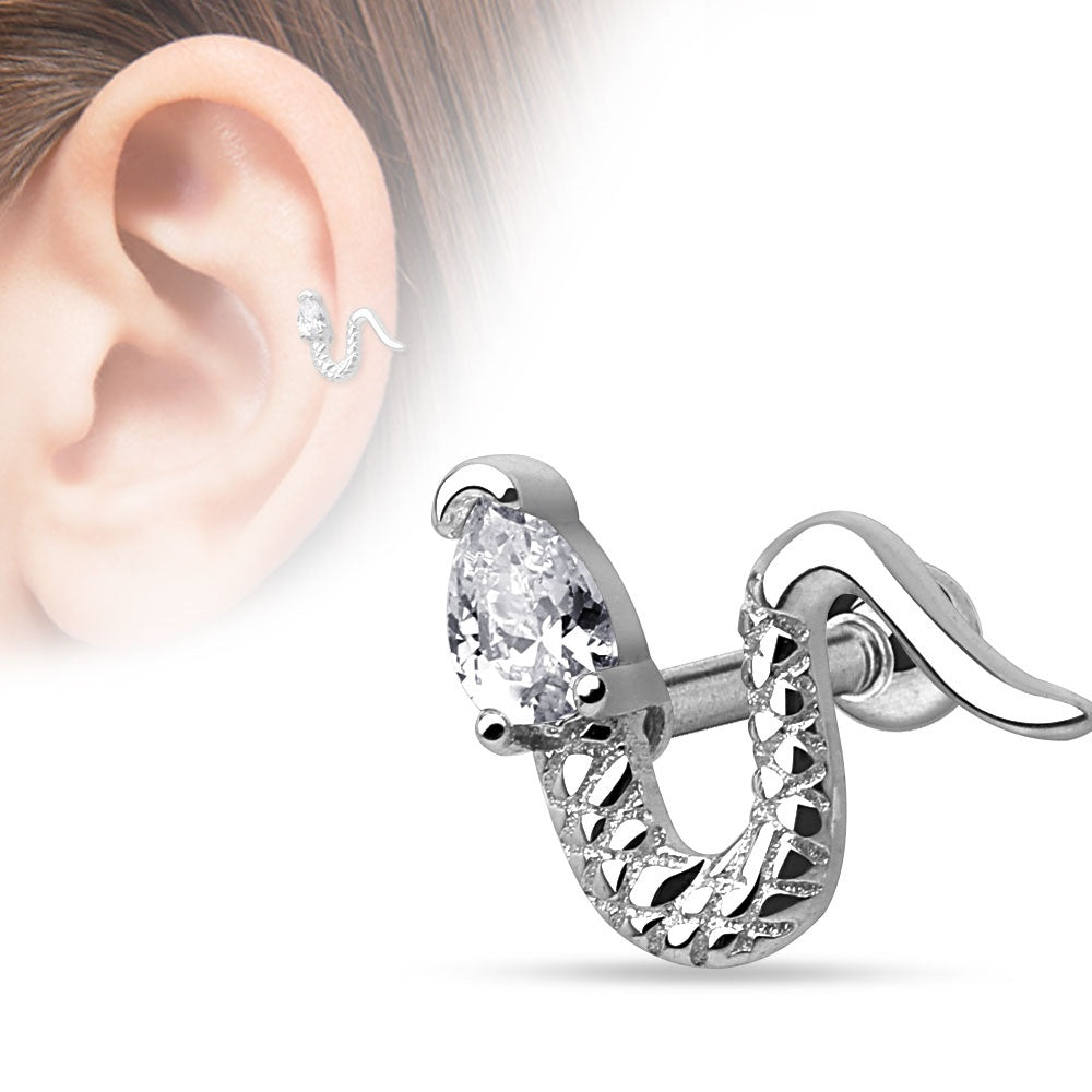 CZ Crystal Snake Head Cartilage Tragus Barbell - 316L Surgical Steel
