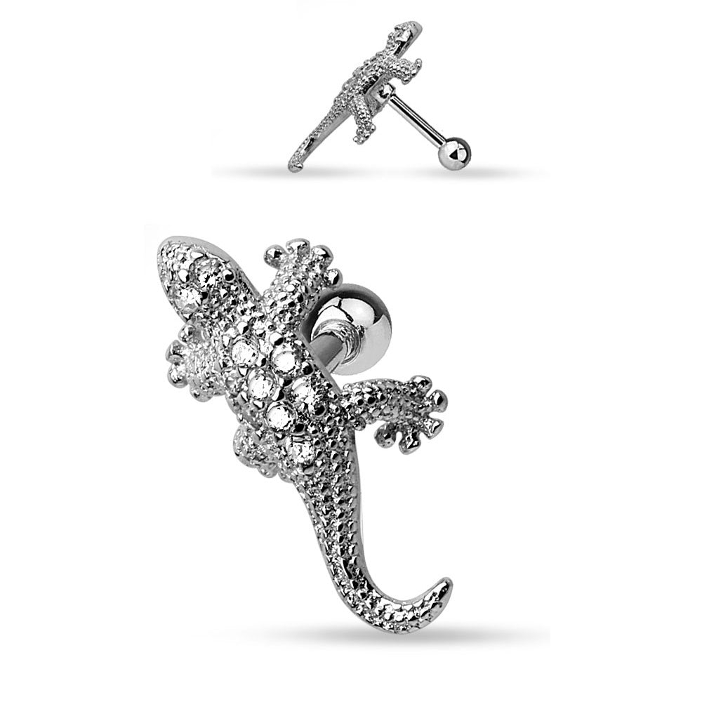 CZ Paved Lizard Cartilage Tragus Barbell Stud Piercing - 316L Stainless Steel