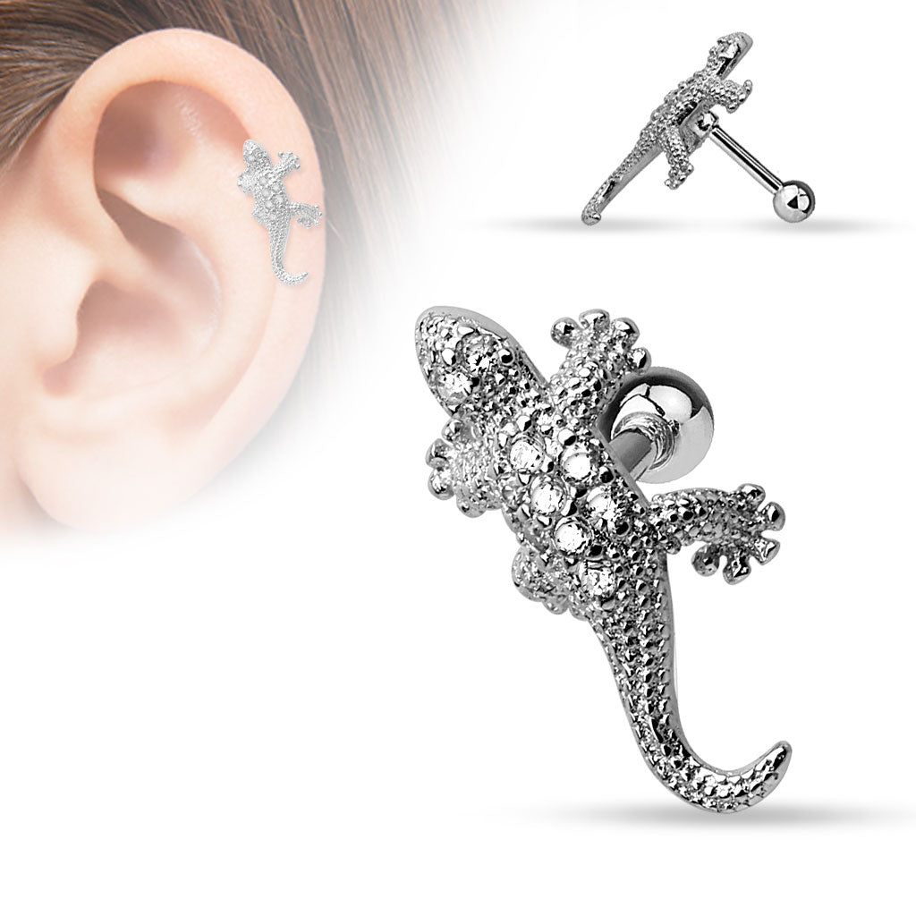 Lizard CZ Paved Tragus Cartilage Barbell - 316L Surgical Steel