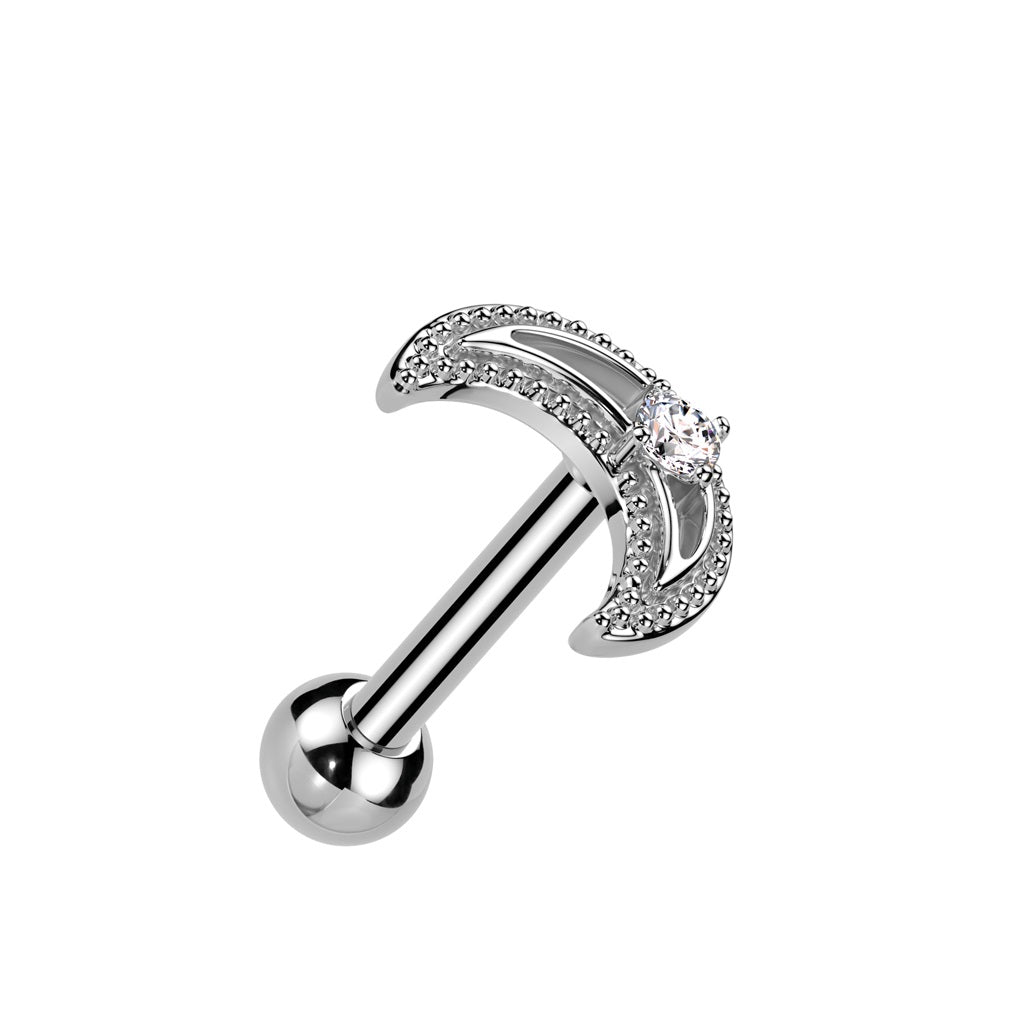 CZ Crystal Crescent Moon Barbell Stud - 316L Stainless Steel