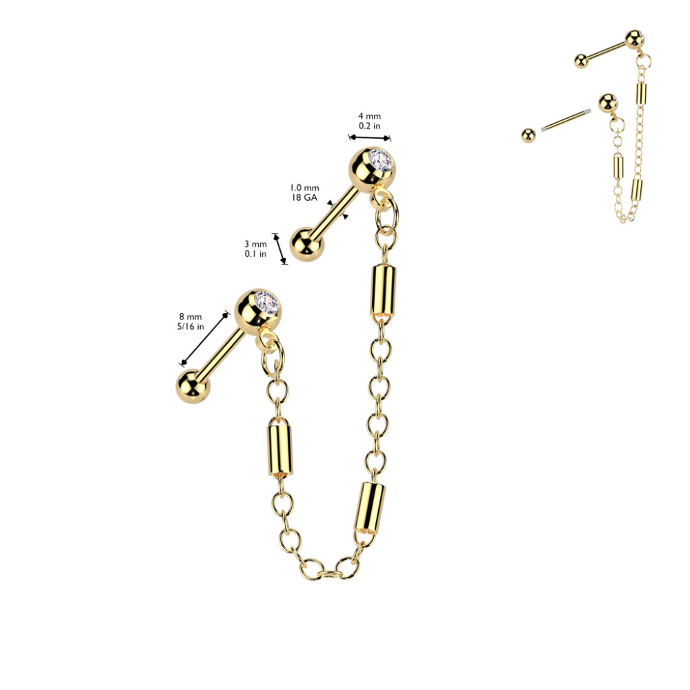 CZ Crystal Barbells with Connecting Barbell Chain - 316L Stainless Steel