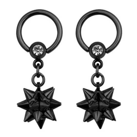 Dangling Spike Ball Crystal Captive Bead Nipple Rings - Pair - Black PVD Stainless Steel