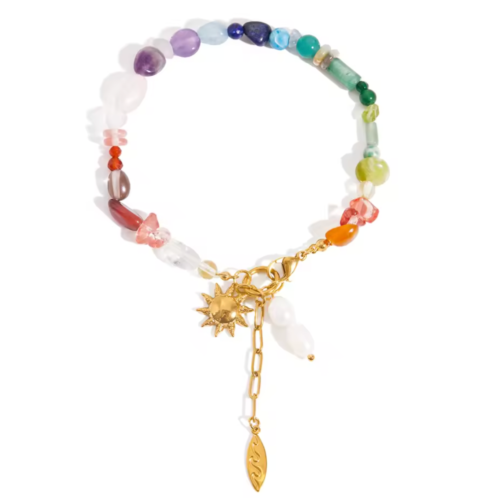 Rainbow Beaded Bracelet with Dangling Sun and Synthetic Pearl Charms - Gold Plated Stainless Steel