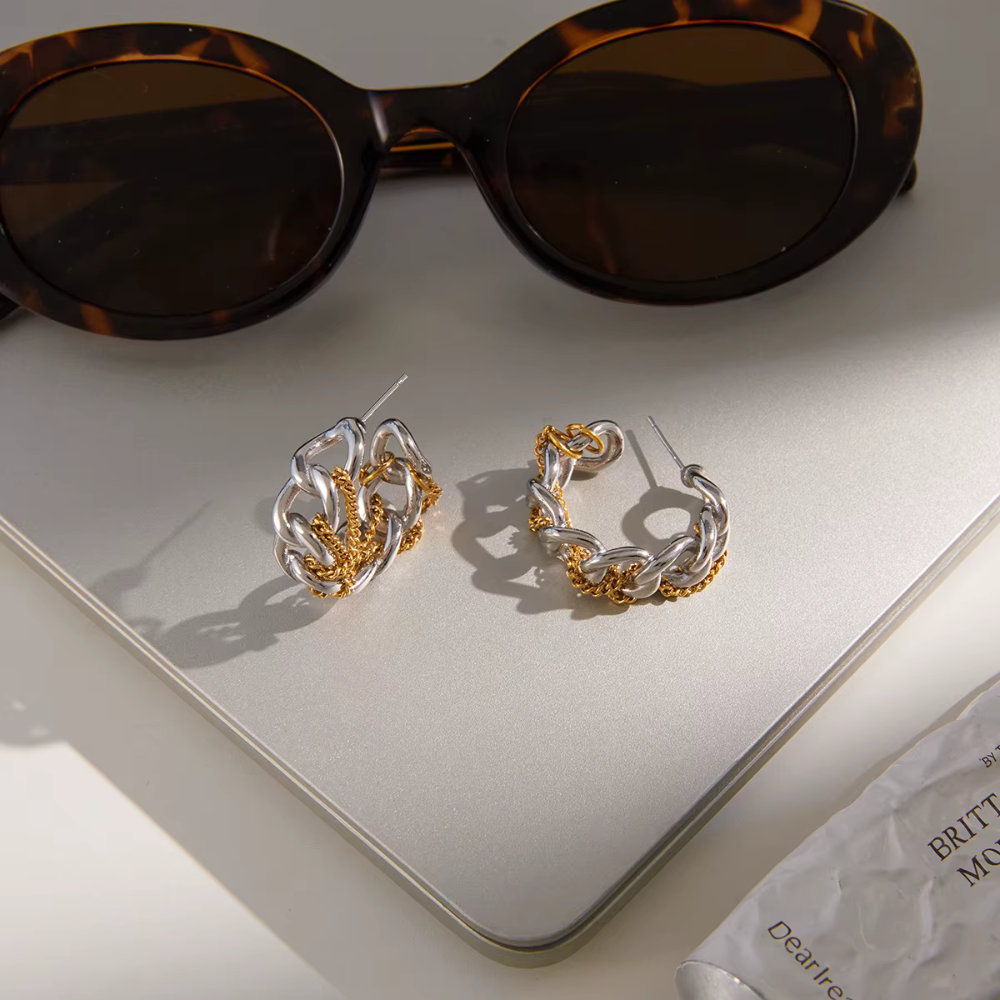Two Tone Chain Hoop Earrings - Pair - Stainless Steel