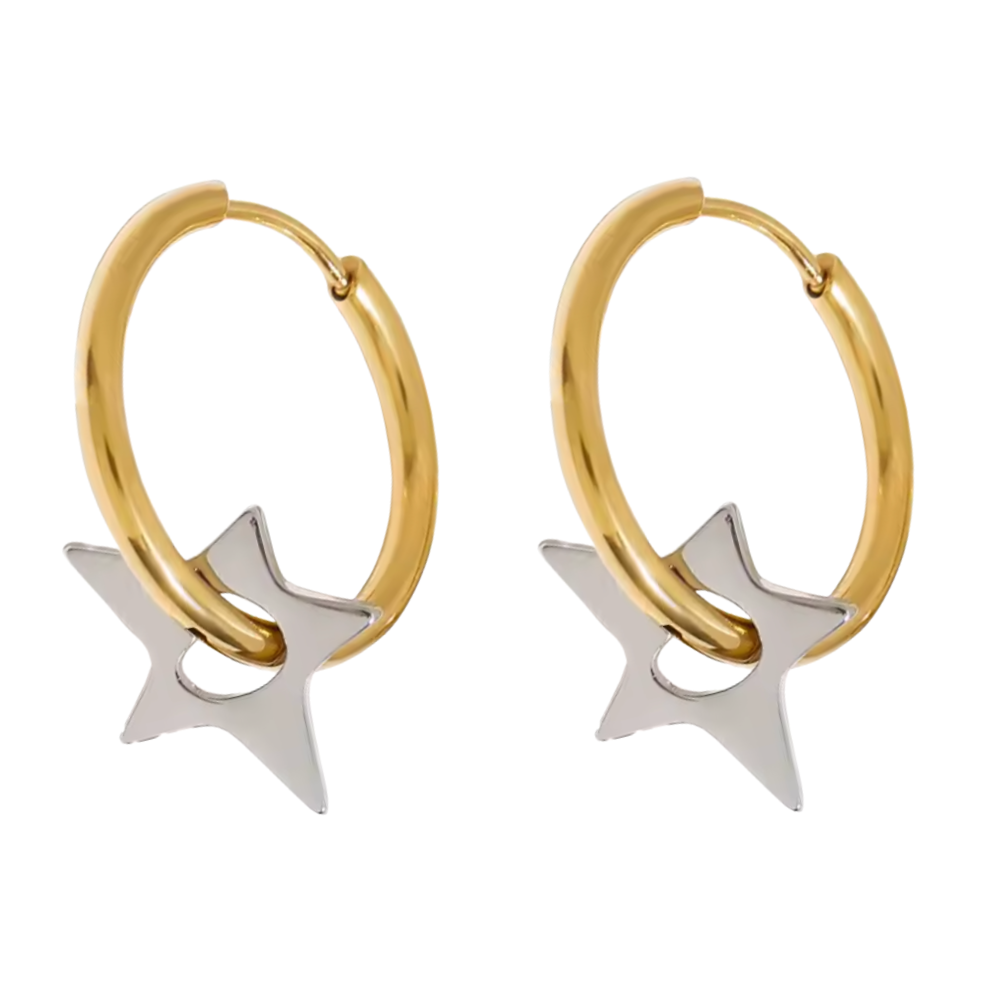Two Tone Star Hoop Earrings - Pair - Stainless Steel